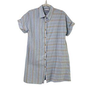 THML Shirt Dress Size L Blue Orange Striped Short Cuff Sleeve Cotton Preppy